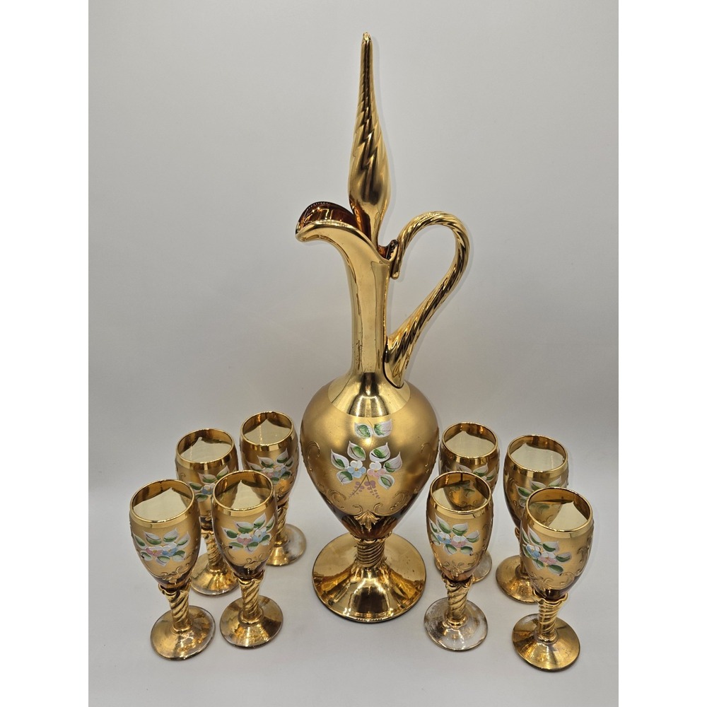 Vintage Italian Venetian Gilt Glass Liquor Decanter Set Enamel Cordial Glasses